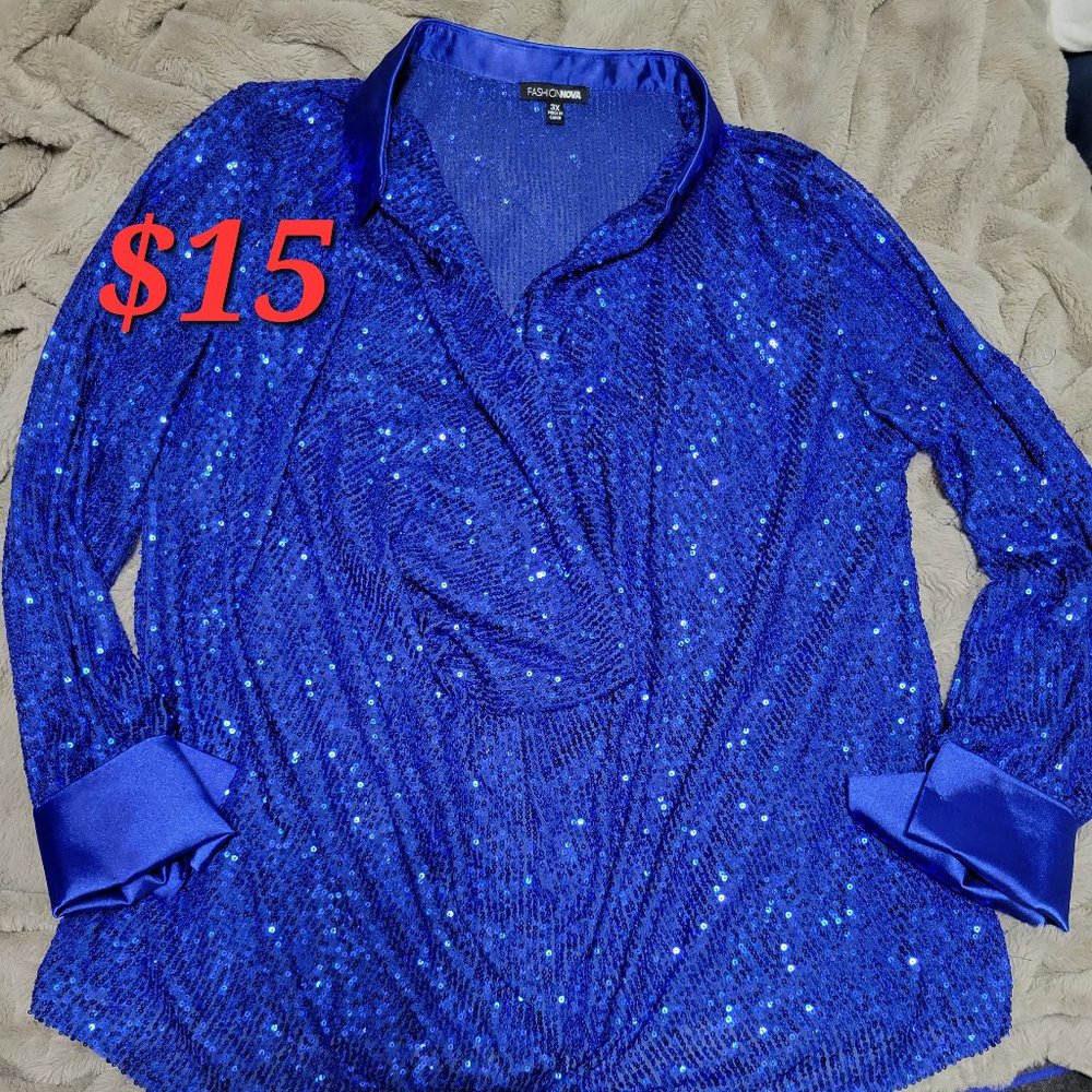 Royal Blue sequin Top 3X Satin cuff